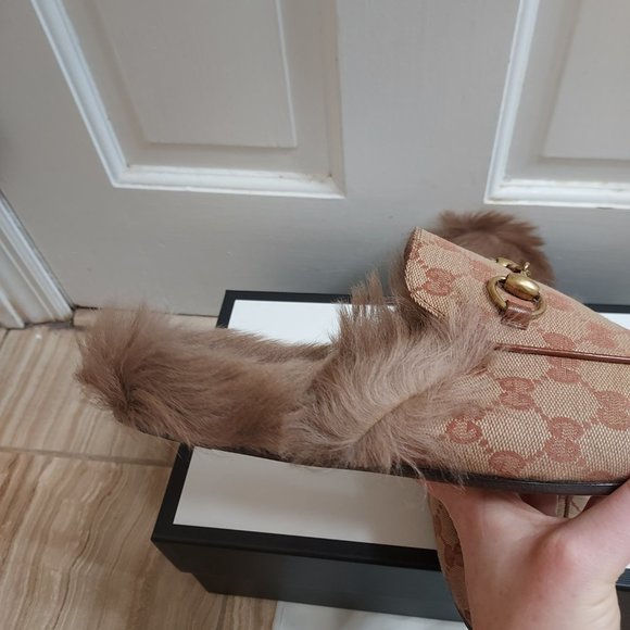 Gucci Beige GG Monogram Fur Princetown Mens Mules - Picture 5 of 10